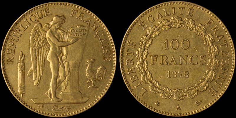 FRANCE: 100 Francs (1878 A) in gold (0,900). Standing Genius writing the Constit...