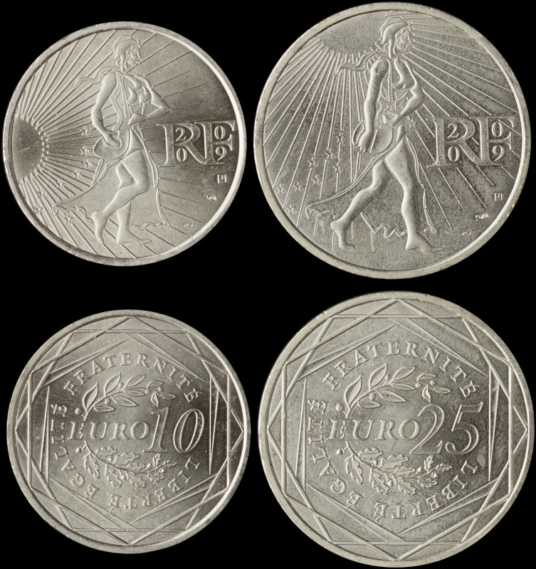 FRANCE: Lot of 2 coins (2009 P) in silver, composed of 10 Euro & 25 Euro. Modern...