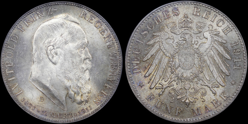 GERMAN STATES / BAVARIA: 5 Mark (1911 D) in silver (0,900) commemorating the 90t...