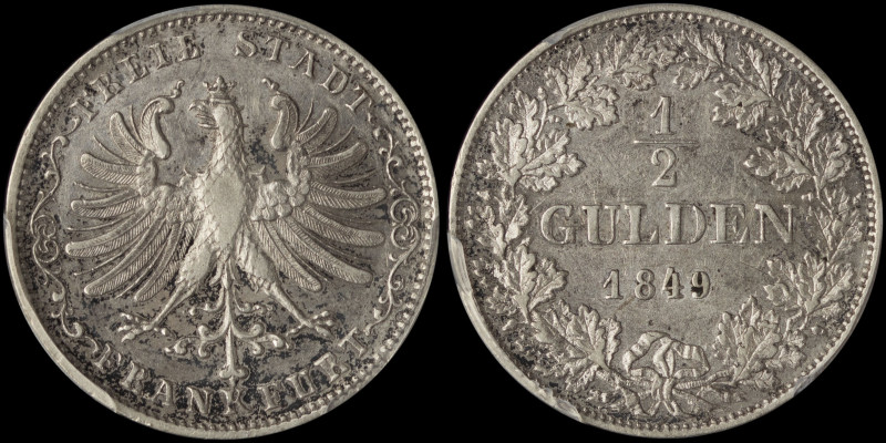 GERMAN STATES / FRANKFURT: 1/2 Gulden (1849) in silver (0,900). Crowned eagle on...