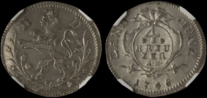 GERMAN STATES / HESSE-DARMSTADT: 4 Kreuzer (1748 AK) in billon. Crowned lion fac...