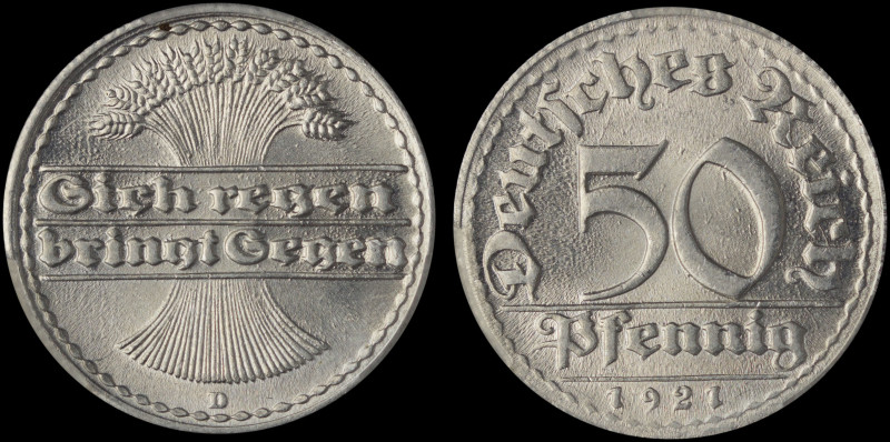 GERMANY / WEIMAR REPUBLIC: 50 Pfennig (1921 D) in aluminum. Denomination above d...