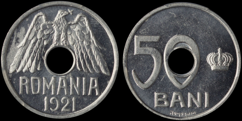 ROMANIA: 50 Bani (1921) in aluminum. Eagle above hole (4,5 mm) in center on obve...