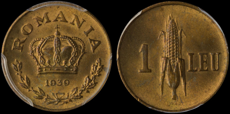 ROMANIA: 1 Leu (1939) in nickel-brass. Crown and date above sprig on obverse. Ea...