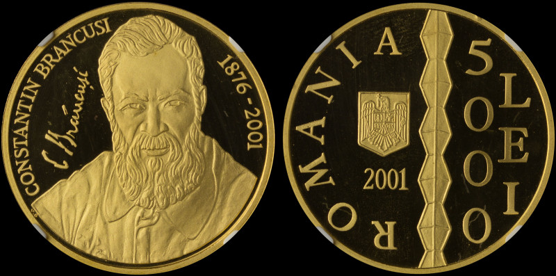 ROMANIA: 5000 Lei (2001) in gold (0,999) commemorating the Constantin Brancusi 1...