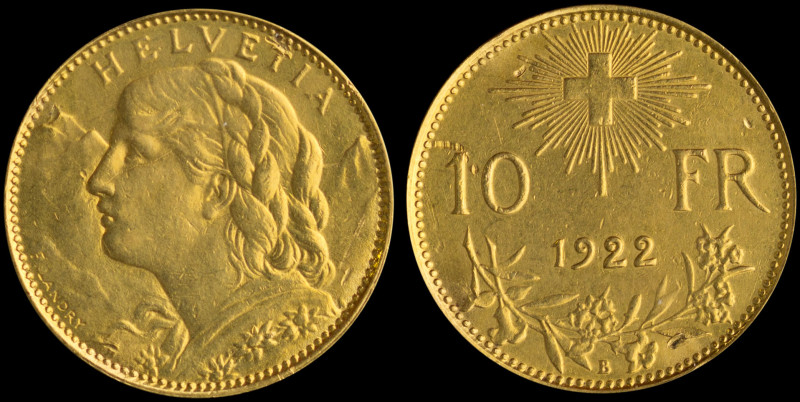 SWITZERLAND: 10 Francs (1922 B) in gold (0,900). Young bust of Helvetia facing l...