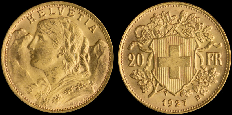 SWITZERLAND: 20 Francs (1927 B) in gold (0,900). Young bust of Helvetia facing l...