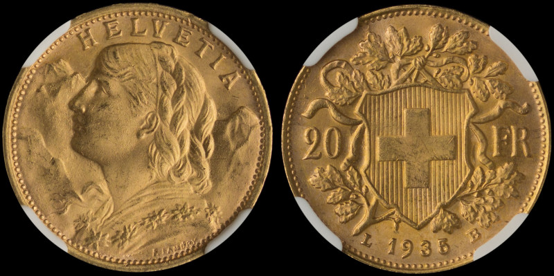 SWITZERLAND: 20 Francs (1935 L-B) in gold (0,900). Young bust of Helvetia facing...