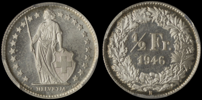 SWITZERLAND: 1/2 Franc (1946 B) in silver (0,835). Standing Helvetia with lance ...