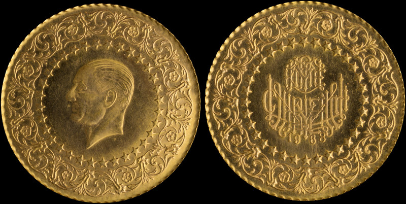 TURKEY: 250 Kurush (1968) in gold (0,917). Head of Ataturk facing left within ci...