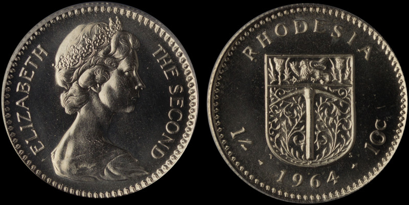 RHODESIA: 1 Shilling (10 Cents) (1964) in copper nickel. Crowned bust of Queen E...