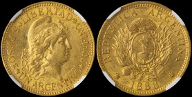 ARGENTINA: 1 Argentino (1888) in gold (0,900). Flagged coat of arms within wreath, 1/2 radiant sun above on obverse. Capped Liberty head facing right ...