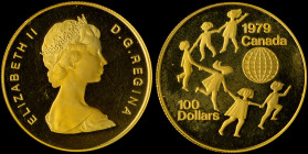 CANADA: 100 Dollars (1979) in gold (0,917) commemorating the International Year of the Child. Young bust of Queen Elizabeth II facing right on obverse...