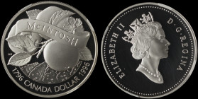 CANADA: 1 Dollar (1996) in silver (0,925) commemorating the McIntosh Apple. Crowned head of Queen Elizabeth II facing right on obverse. Apple, dates a...