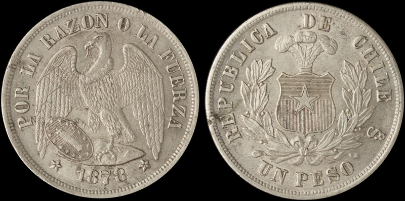 CHILE: 1 Peso (1878 So) in silver (0,900). Plumed coat of arms within wreath on ...