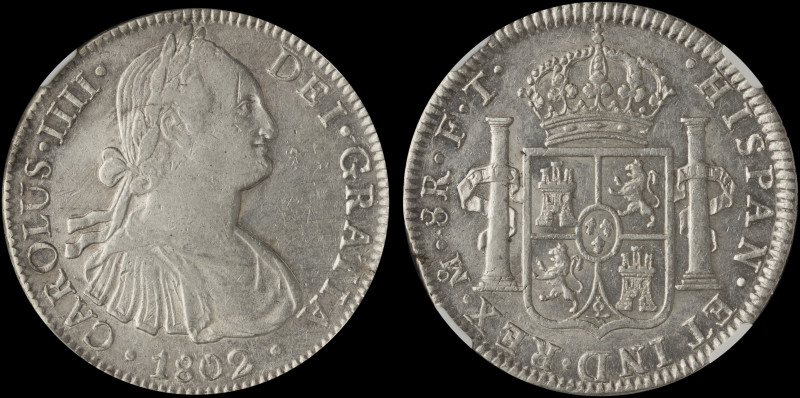 MEXICO: 8 Reales (1802Mo FT) in silver (0,896). Armored bust of Charles IIII fac...