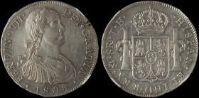 MEXICO: 8 Reales (1808Mo TH) in silver (0,896). Armored laurete bust of Ferdinand VII facing right on obverse. Crowned shield flanked by pillars with ...