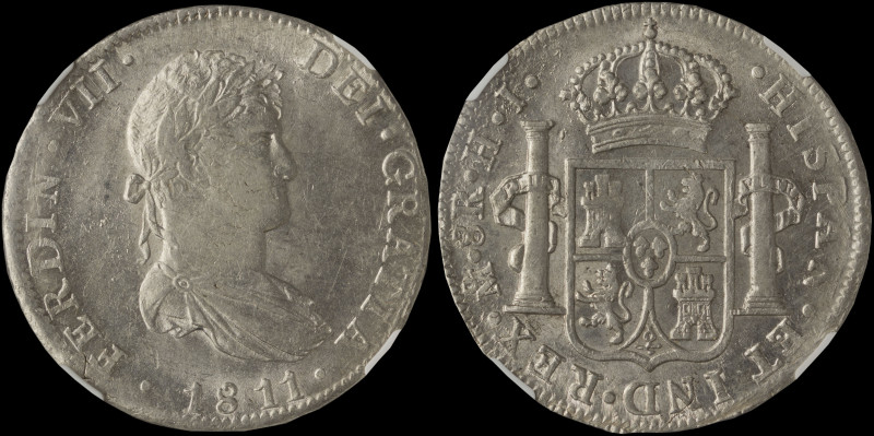 MEXICO: 8 Reales (1811Mo HJ) in silver (0,903). Draped laureate bust of Ferdinan...