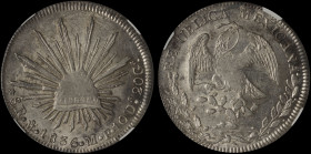 MEXICO / FIRST REPUBLIC (MEXICO CITY): 8 Reales (1836Mo MF) in silver (0,903). Facing eagle with snake in beak on obverse. Radiant cap on reverse. Ins...