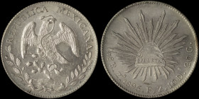 MEXICO / FIRST REPUBLIC (ZACATECAS): 8 Reales (1895Zs FZ) in silver (0,903). Facing eagle with snake in beak on obverse. Radiant cap on reverse. Clean...