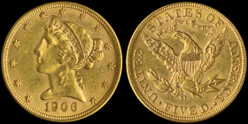 USA: 5 Dollars (1906 D) in gold (0,900). Head of Liberty facing left on obverse. Heraldic eagle with union shield, holding 3 arrows and olive branch o...