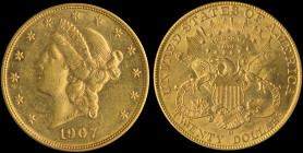 USA: 20 Dollars (1907 D) in gold (0,900). Liberty (coronet head) facing left on obverse. Heraldic eagle with Union shield holding 3 arrows and an oliv...