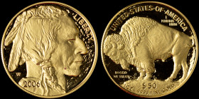 USA: 50 Dollars (2006 W) in gold (0,999). Indian head facing right on obverse. American Buffalo (Bison) standing facing left on reverse. Designed by J...