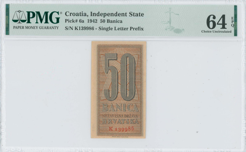 CROATIA: 50 Banica (25.9.1942) in blue on light brown unpt. Value on face. One l...