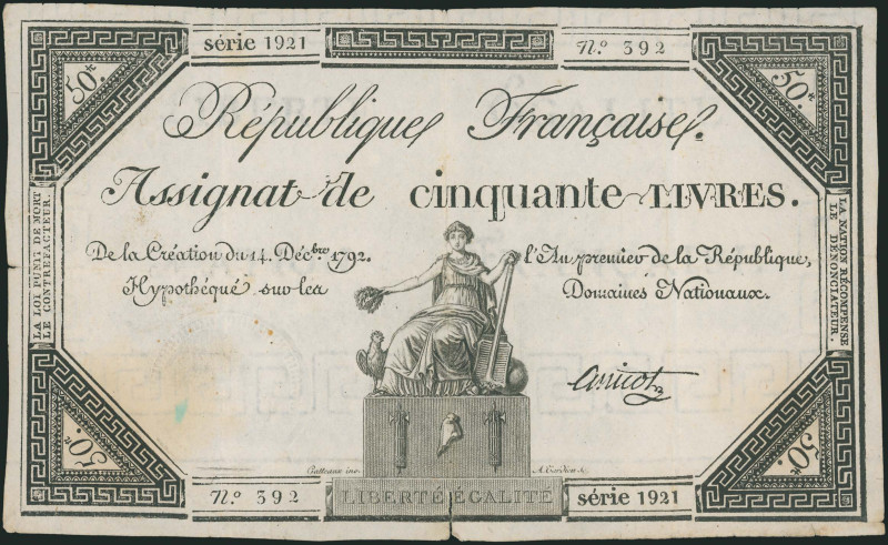 FRANCE: 50 Livres (14.12.1792) in black. Seated figure with shovel on pedestal a...