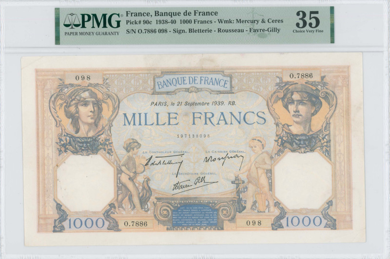 FRANCE: 1000 Francs (21.9.1939) in ochre, blue and multicolor. Ceres at left, Me...