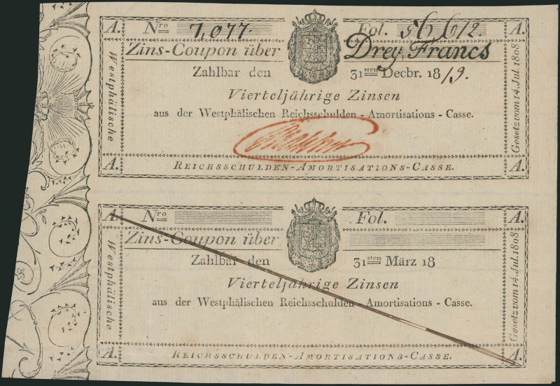 GERMAN STATES / KINGDOM OF WESTPHALIA: Uncut pair of 3 Franken, one issued with ...