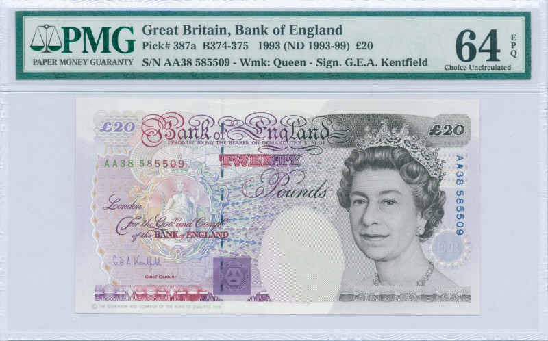 GREAT BRITAIN: 20 Pounds (1993) in black, teal-violet and purple on multicolor u...