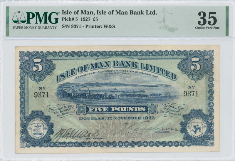 ISLE OF MAN: 5 Pounds (1.11.1927) in blue, green and pink. Douglas harbor at cen...