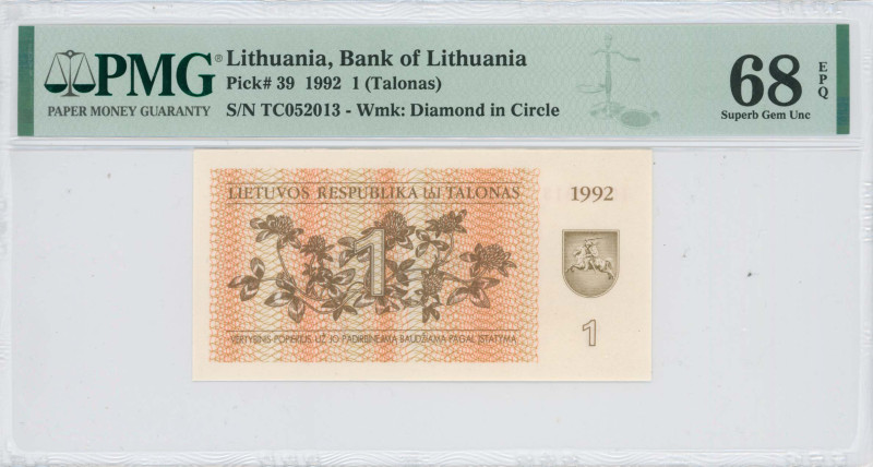 LITHUANIA: 1 Talonas (1992) in brown on orange and ochre unpt. Value on plant at...