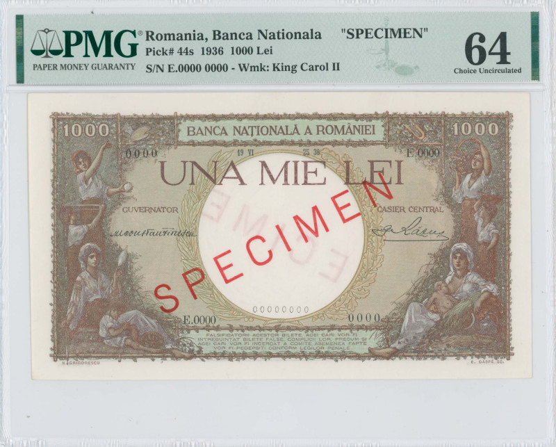 ROMANIA: Specimen of 1000 Lei (25.6.1936) in brown and green. Two farm wives wit...