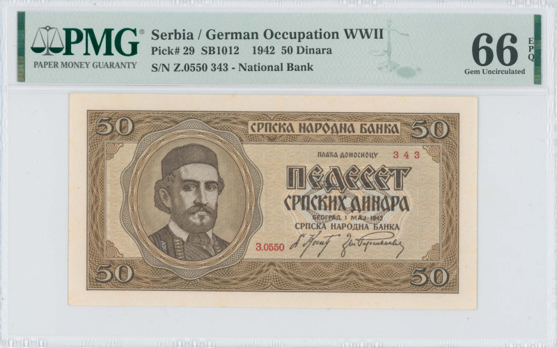 SERBIA: 50 Dinara (1.5.1942) in brown on light brown unpt. Portrait of King Peta...