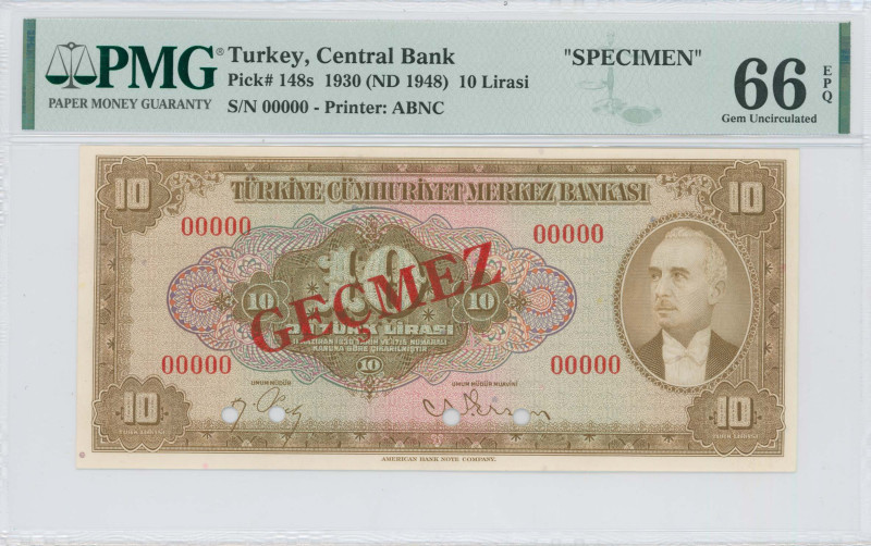 TURKEY: Specimen of 10 Lira [Law 1930 (15.9.1948)] in brown on multicolor unpt. ...