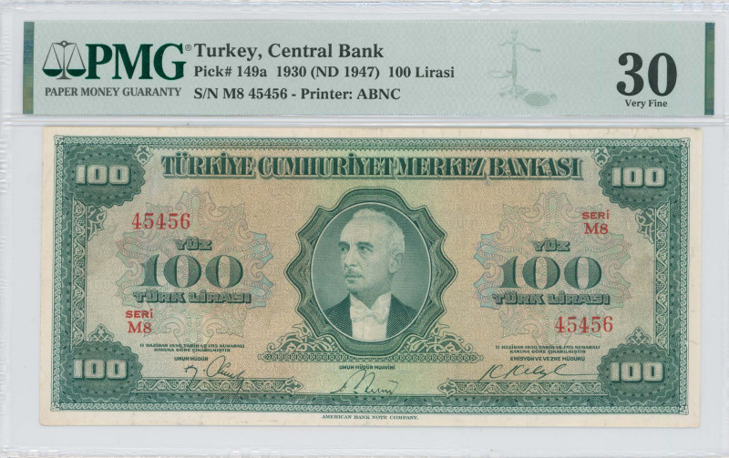 TURKEY: 100 Lira [Law 1930 (18.7.1947)] in green on multicolor unpt. Portrait of...