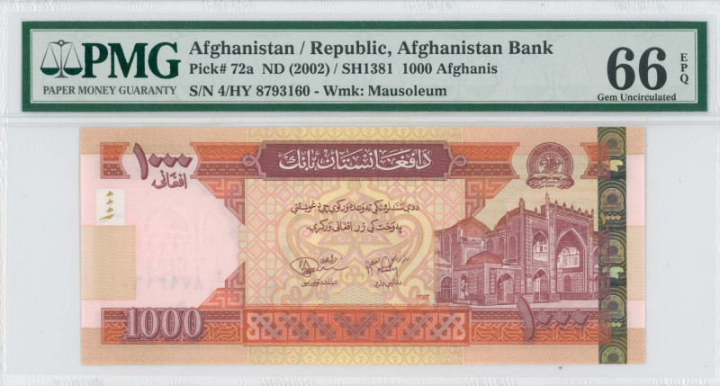 AFGHANISTAN: 1000 Afghanis [SH1381 (2002)] in orange and brown on multicolor unp...