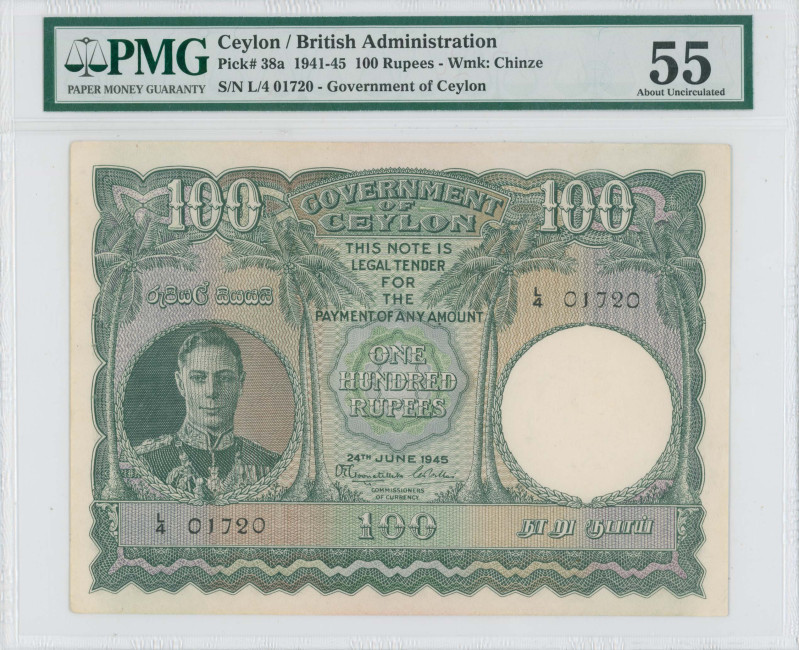 CEYLON: 100 Rupees (24.6.1945) in green on brown and red unpt. Portrait of King ...