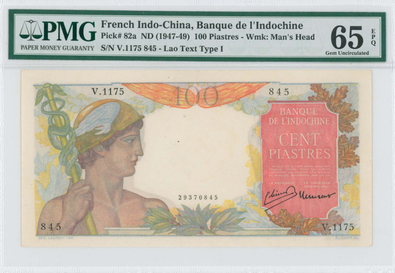 FRENCH INDOCHINA: 100 Piastres (ND 1947-49) in multicolor. Mercury at left on fa...