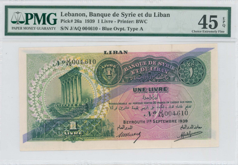 LEBANON: 1 Livre (1.9.1939) in green on lilac unpt. Columns of Baalbek at left o...