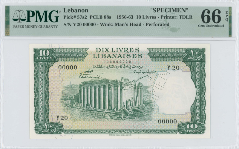 LEBANON: Specimen of 10 Livres (1956) in green on multicolor unpt. Ruins of Bacc...