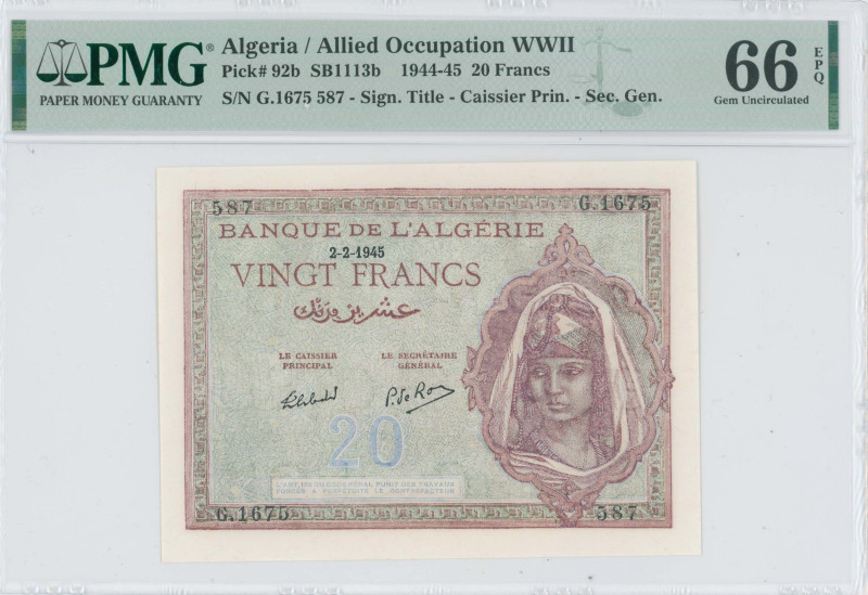 ALGERIA: 20 Francs (2.2.1945) in purple on blue unpt. Portrait of young woman at...