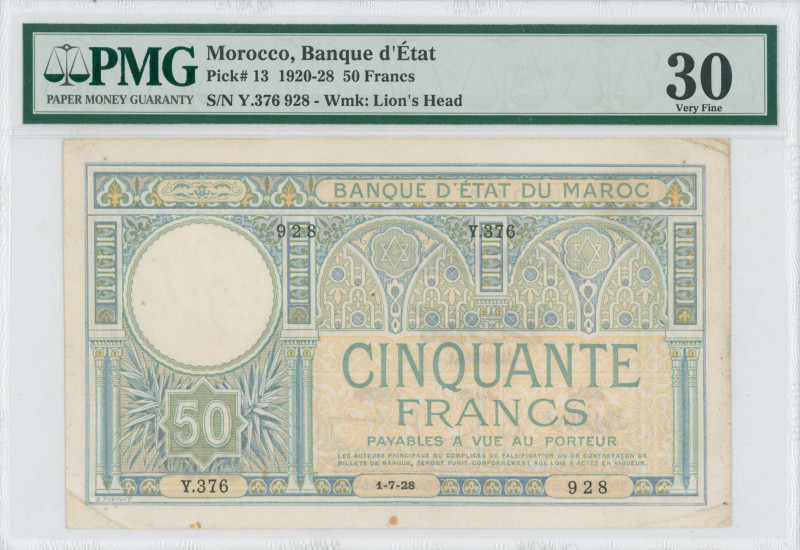 MOROCCO: 50 Francs (1.7.1928) in blue-green and light brown. Ornamental design o...