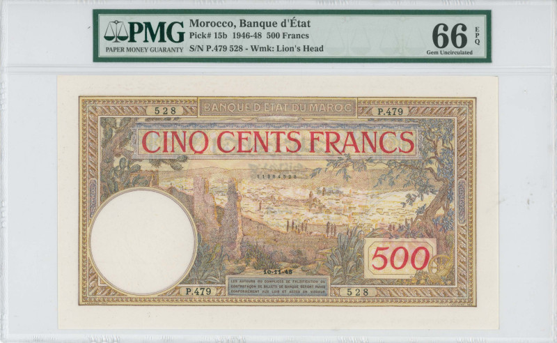 MOROCCO: 500 Francs (10.11.1948) in brown, red and multicolor. View of city of F...