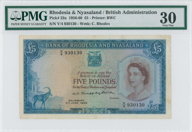 RHODESIA & NYASALAND: 5 Pounds (5.6.1959) in blue on multicolor unpt. Sable ante...