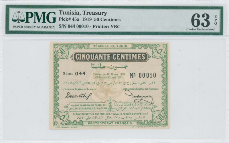 TUNISIA: 50 Centimes (17.3.1919) in green. Low S/N: "00010". Black cachet on bac...