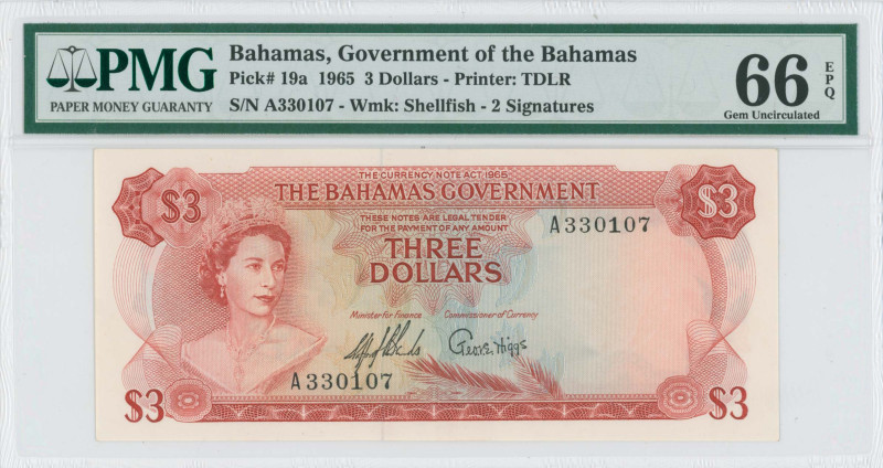 BAHAMAS: 3 Dollars (Law 1965) in red on multicolor unpt. Queen Elizabeth II at l...