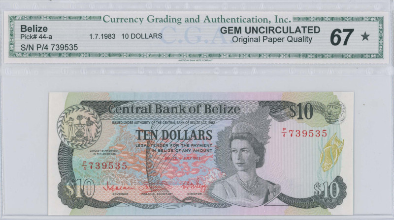 BELIZE: 10 Dollars (1.7.1983) in black on multicolor unpt. Queen Elizabeth II at...